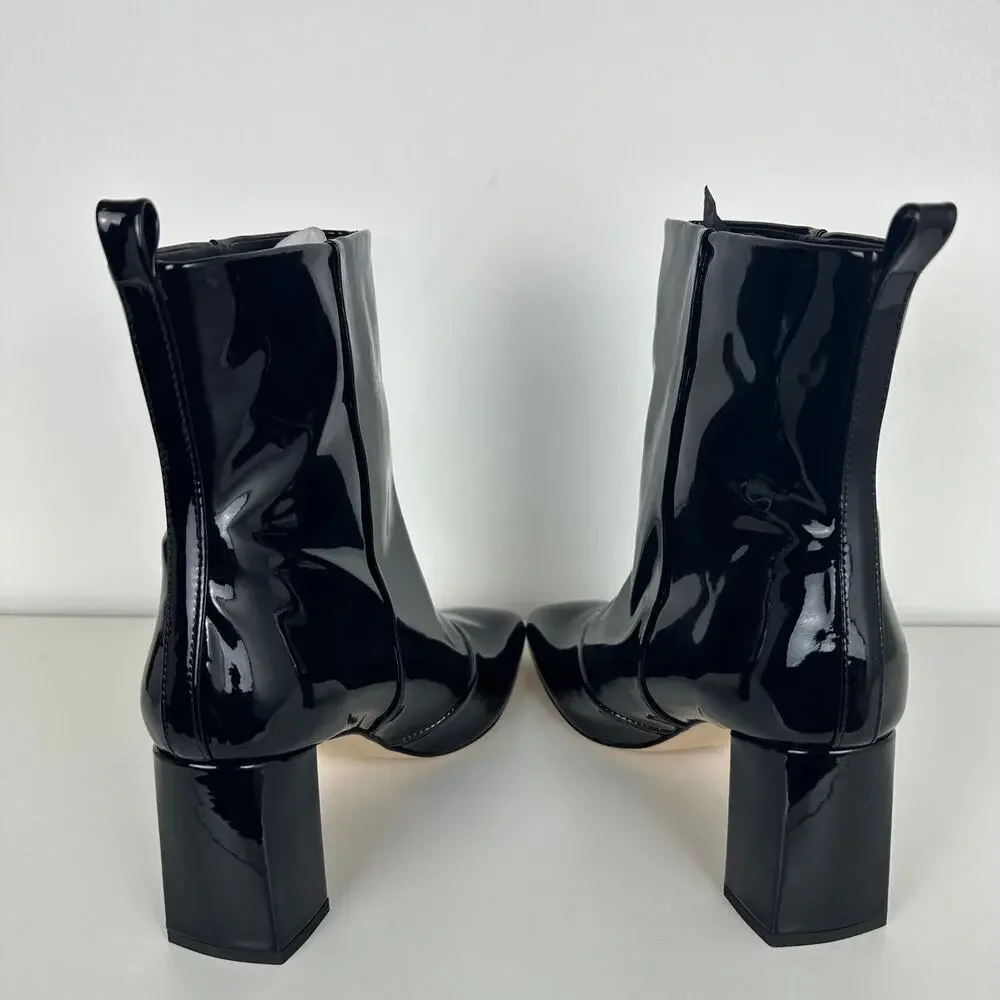 NWOB Good American Womens Pull-On Square Toe Black Patent Leather Ankle Boots 9